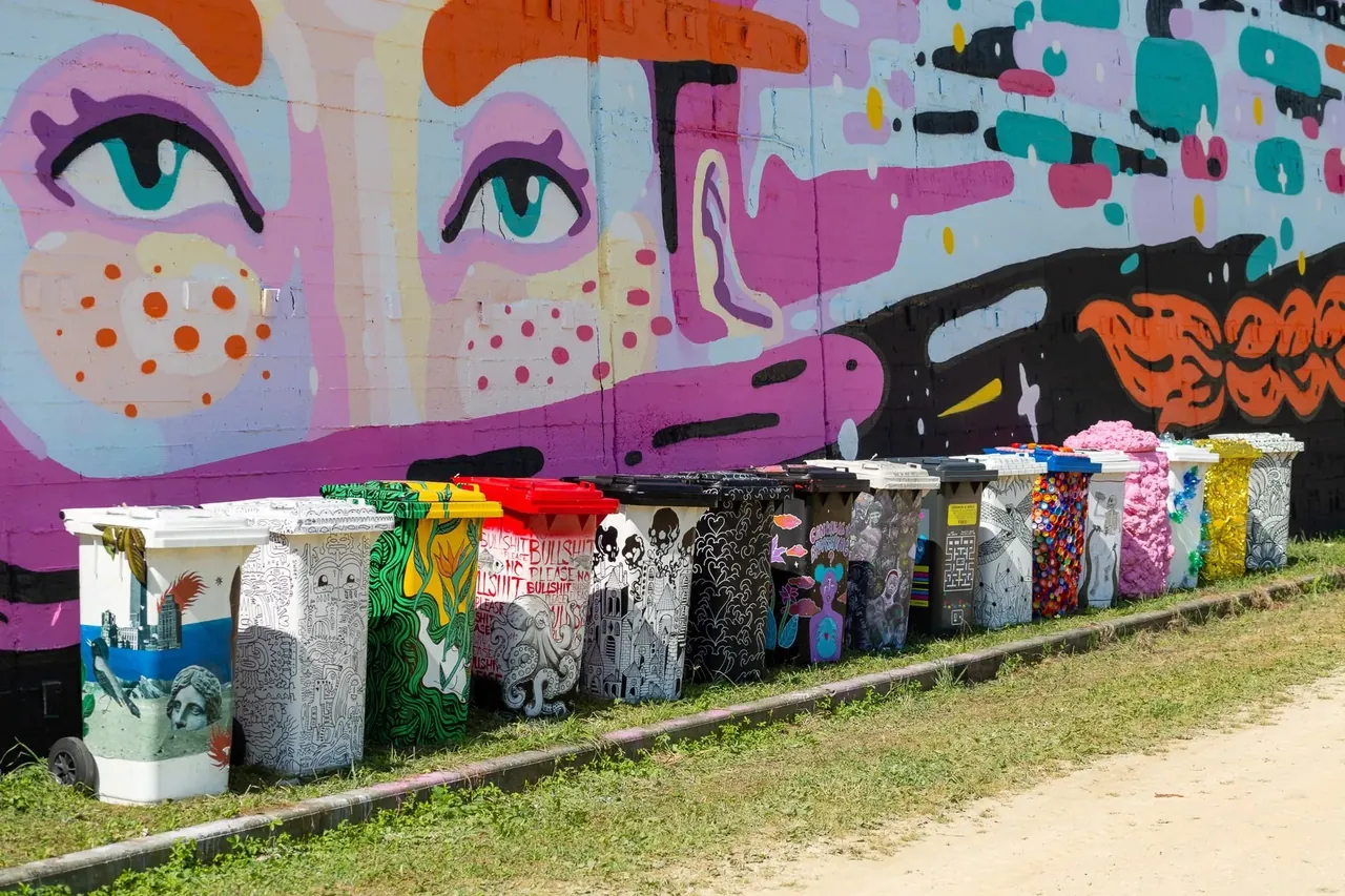 Recycling bins painted by artists of the TRASHed :: Art of Recycling programme, in 2019.