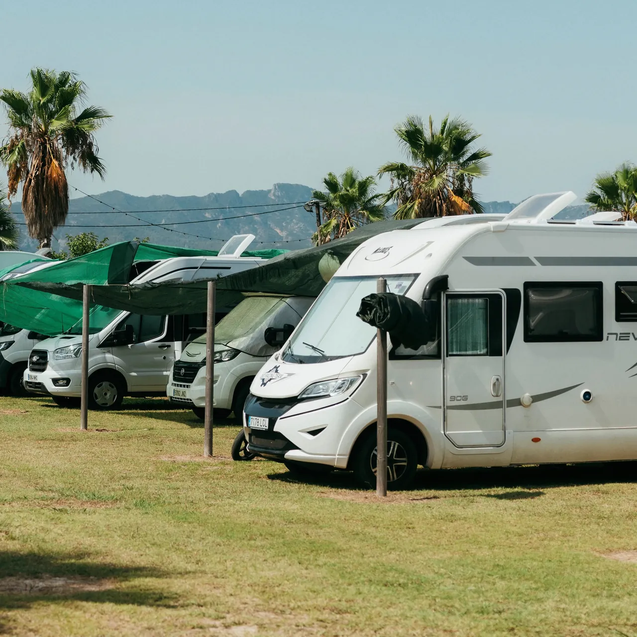 Camping-cars sous les ombrières de la Camper Area, palmiers et montagnes en fond.