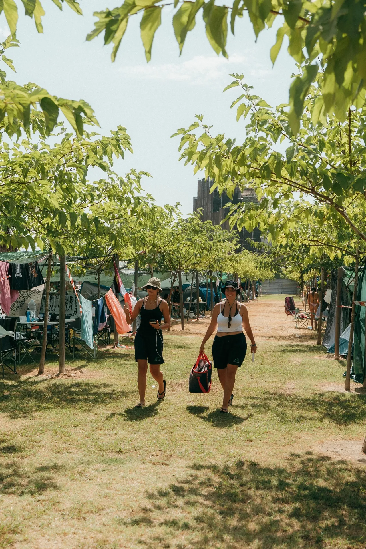Une allée ombragée du Sea Camp, entre les tentes.