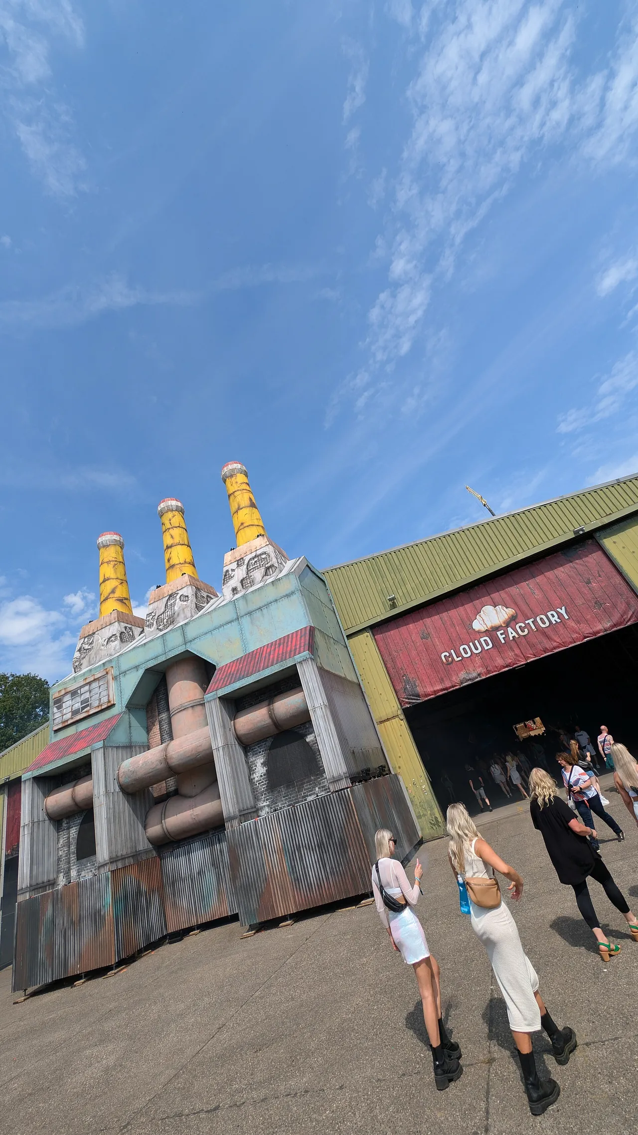 The entrance to the Cloud Factory, a stage set in a former aircraft hangar, on 19 July 2024.
