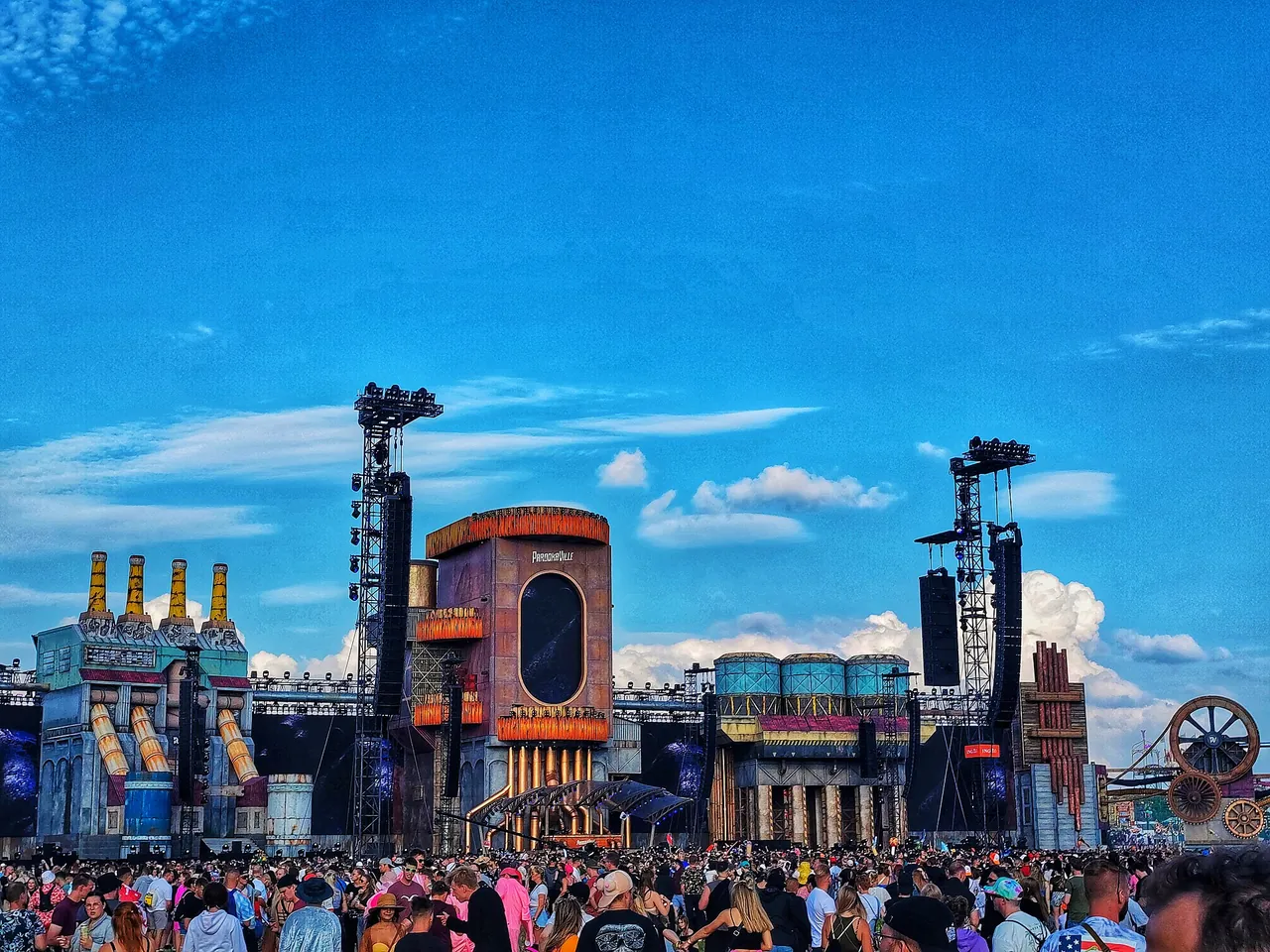 The 2023 Mainstage, a brewery and pumping station, in front of the Arena crowd on 21 July 2023.