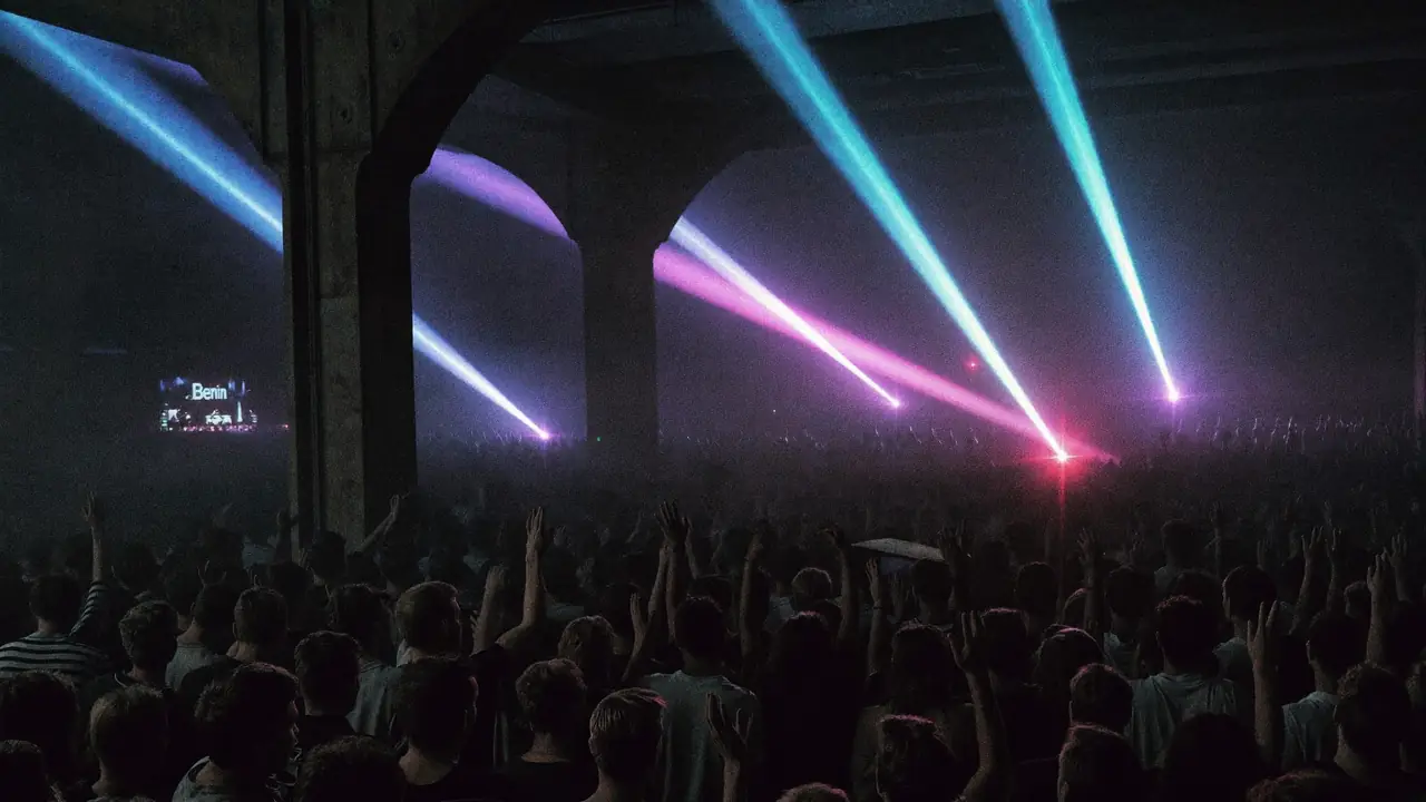 Foule bras levés sous les faisceaux laser d'une rave en entrepôt, visuel d'illustration