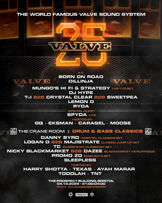 Affiche officielle de 25 Years of Valve Sound System x Drum & Bass Classics (The Prospect Building, Bristol, Royaume-Uni, 4 décembre 2026)