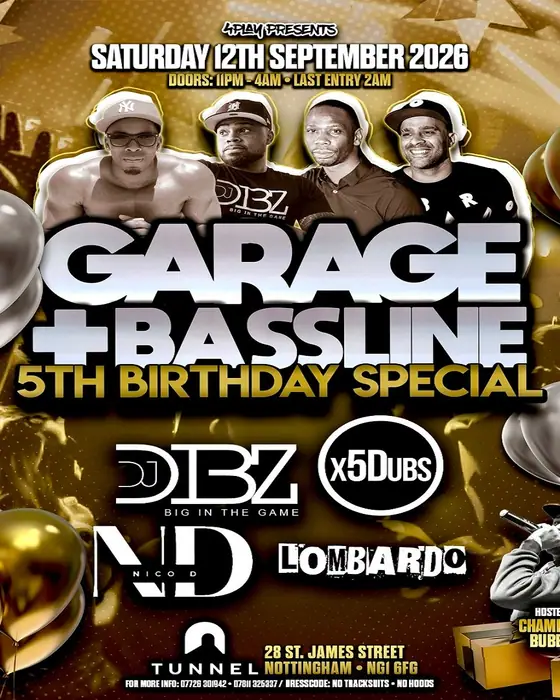 Affiche officielle de 4Play Presents: Garage & Basslines (5th Birthday Special) (The Tunnel Club Nottingham, Nottingham, Royaume-Uni, 12 septembre 2026)
