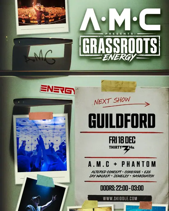Affiche officielle de A.M.C ft Phantom (Thirty3Hz, Guildford, Royaume-Uni, 18 décembre 2026)
