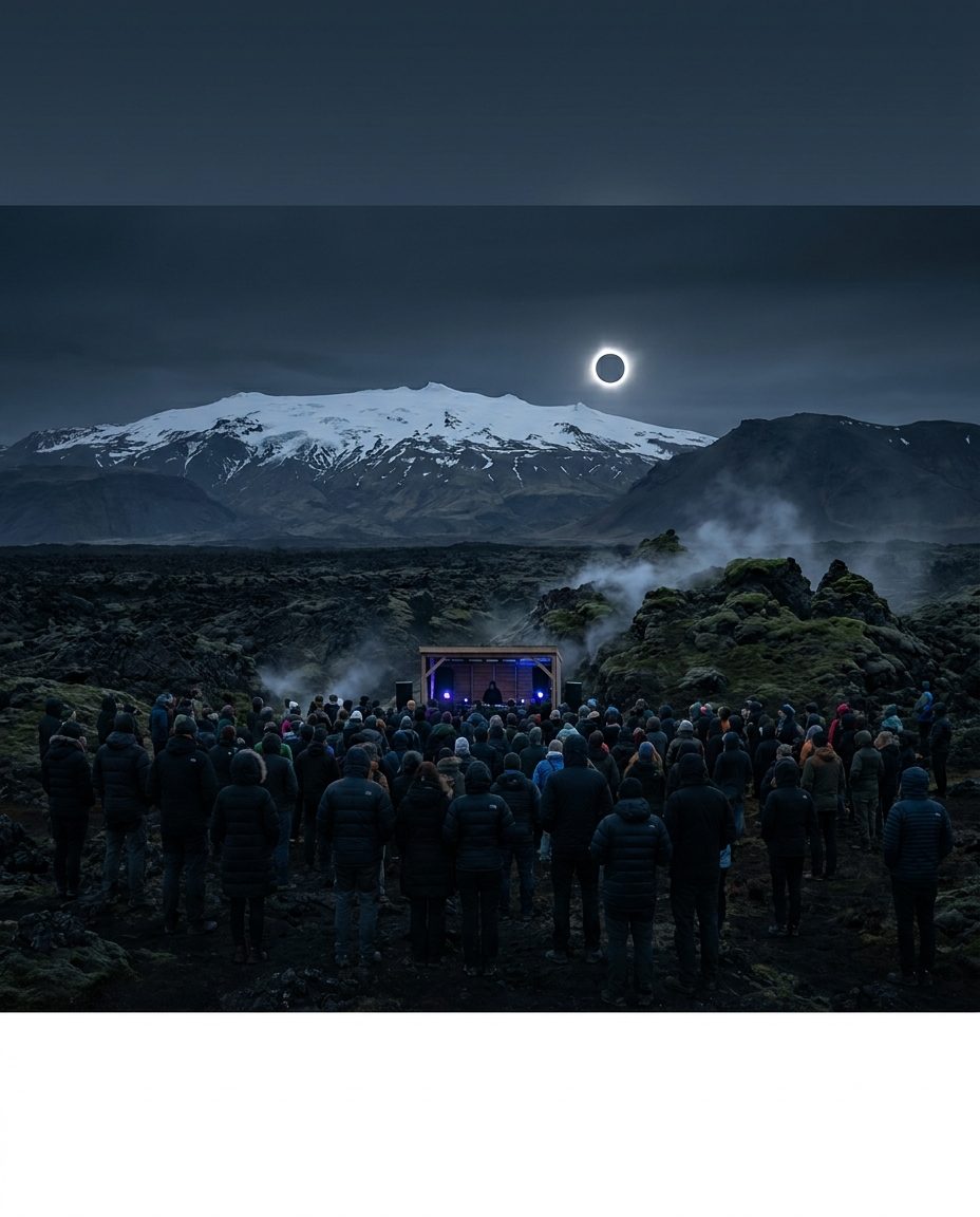 Illustrative key visual for Iceland Eclipse (Snæfellsnes, sous le Snæfellsjökull, Hellissandur, Iceland, 12 August 2026)