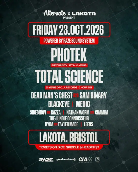 Official poster for Alternate Presents Photek, Total Science +more! (Lakota, Bristol, UK, 23 October 2026)
