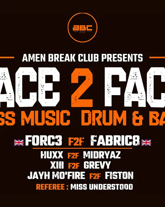 Affiche officielle de Amen Break Club Presents : Face 2 Face (Drak Art, Grenoble, France, 23 octobre 2026)