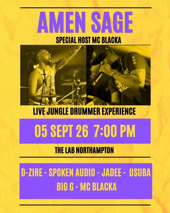 Affiche officielle de Amen Sage Live Jungle Drummer + MC Blacka (The Lab, Northampton, Royaume-Uni, 5 septembre 2026)