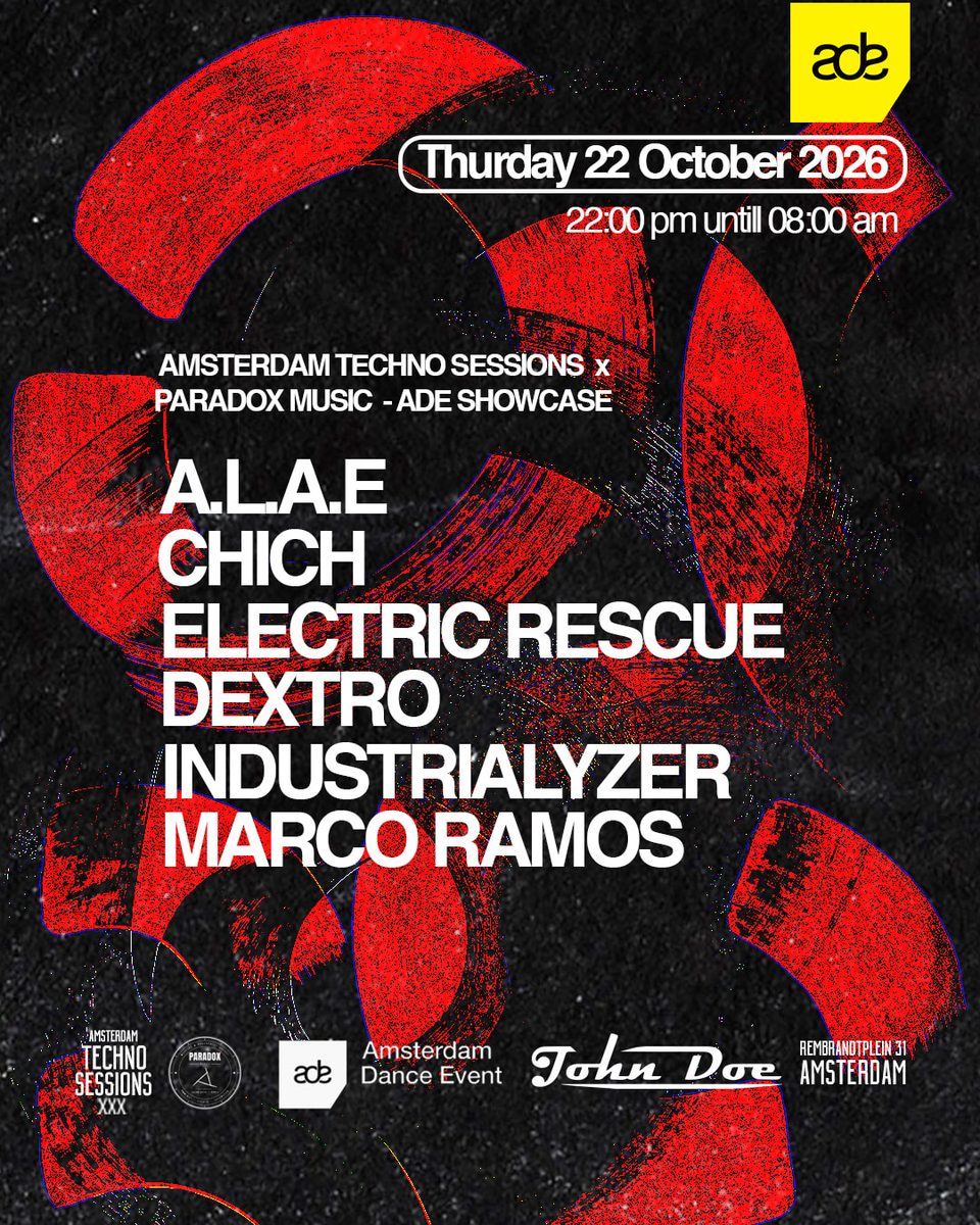 Official poster for Amsterdam Techno Sessions X Paradox Music (Fr) Ade Showcase (Club John Doe, Amsterdam, Netherlands, 22 October 2026)