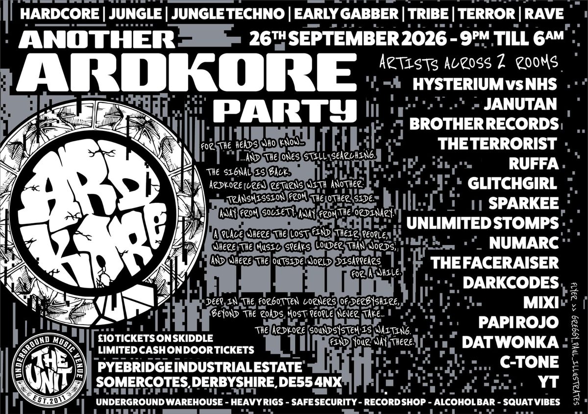 Official poster for another ARDKORE party (The Unit Warehouse, Derby, UK, 26 September 2026)