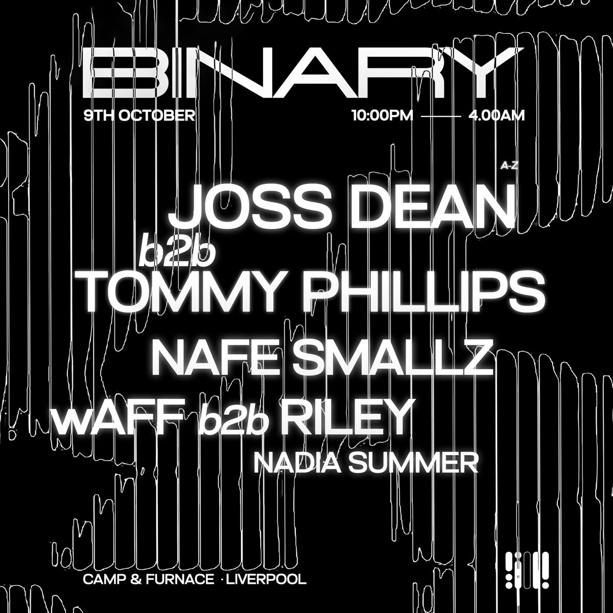 Affiche officielle de BINARY Presents Joss Dean b2b Tommy Phillips (Camp And Furnace, Liverpool, Royaume-Uni, 9 octobre 2026)