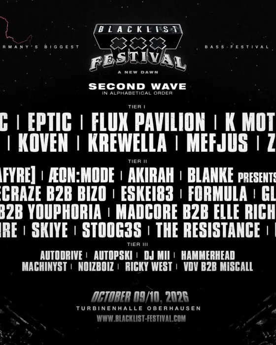 Affiche officielle de Blacklist Festival (Turbinenhalle Oberhausen, Oberhausen, Allemagne, 9 octobre 2026)