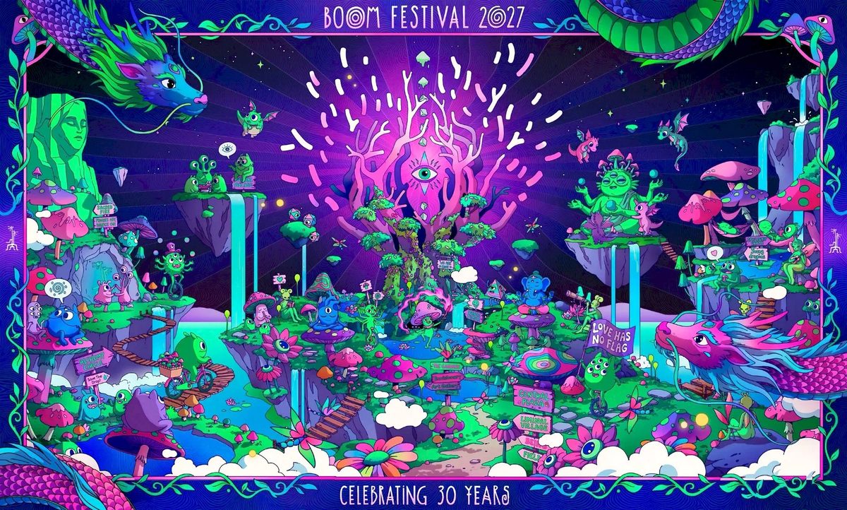 Affiche officielle de Boom Festival (Boomland, Herdade da Granja (lac d'Idanha / barrage Marechal Carmona), Idanha-a-Nova, Portugal, 18 juillet 2027)