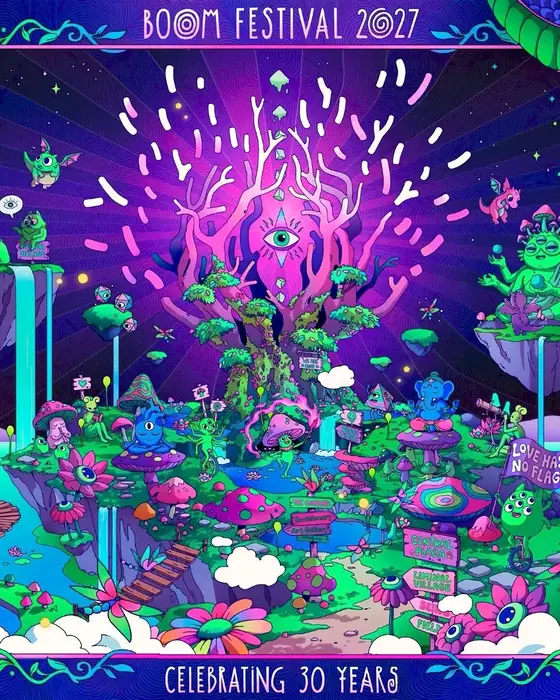 Affiche officielle de Boom Festival (Boomland, Herdade da Granja (lac d'Idanha / barrage Marechal Carmona), Idanha-a-Nova, Portugal, 18 juillet 2027)