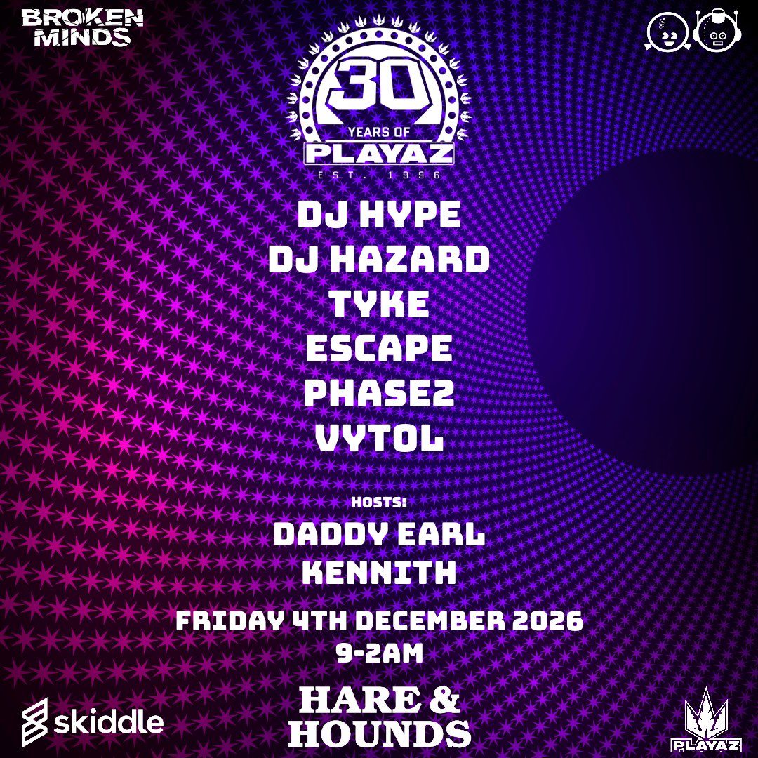 Official poster for Broken Minds presents: 30 Years Of Playaz (Hare And Hounds Kings Heath, Birmingham, UK, 4 December 2026)