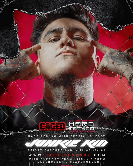 Affiche officielle de Caged Hard Techno: Junkie Kid (THE DEPO, Plymouth, Royaume-Uni, 2 octobre 2026)