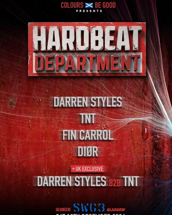 Affiche officielle de Colours & BeGood presents Hardbeat Department (Galvanizers, SWG3, Glasgow, Royaume-Uni, 12 décembre 2026)