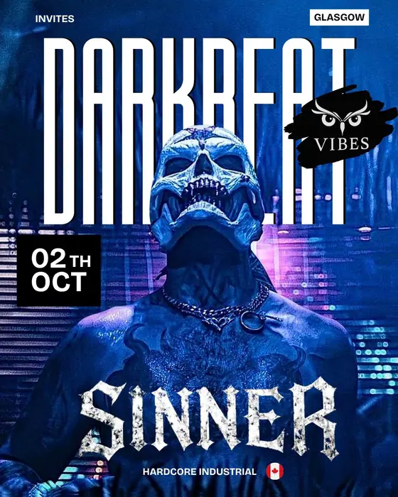 Affiche officielle de Darkbeat x Vibes Presents SINNER Hard Techno Fest (Vibes, Glasgow, Royaume-Uni, 2 octobre 2026)