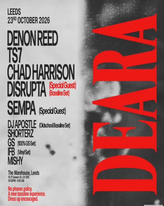 Affiche officielle de DEARA Leeds (The Warehouse Leeds, Leeds, Royaume-Uni, 23 octobre 2026)