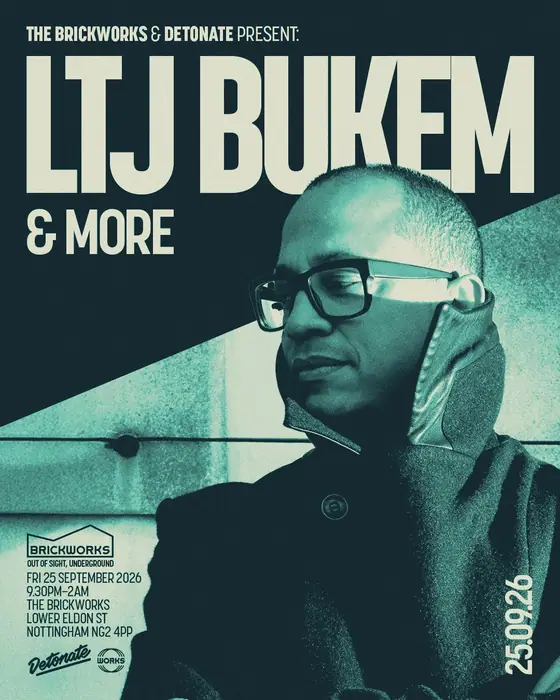 Affiche officielle de Detonate x The Brickworks: LTJ BUKEM (The Brickworks, Nottingham, Royaume-Uni, 25 septembre 2026)