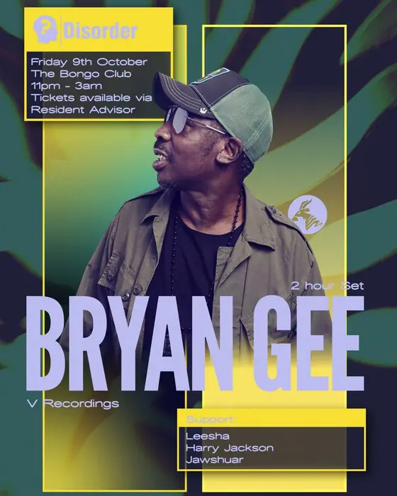 Photo of Disorder presents: Bryan Gee (V Recordings) [2 HOUR SET] (The Bongo Club, Edinburgh, UK, 9 October 2026)