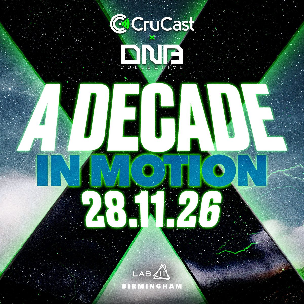 Official poster for DNB Collective X CruCast: A Decade In Motion (LAB11, Birmingham, UK, 28 November 2026)
