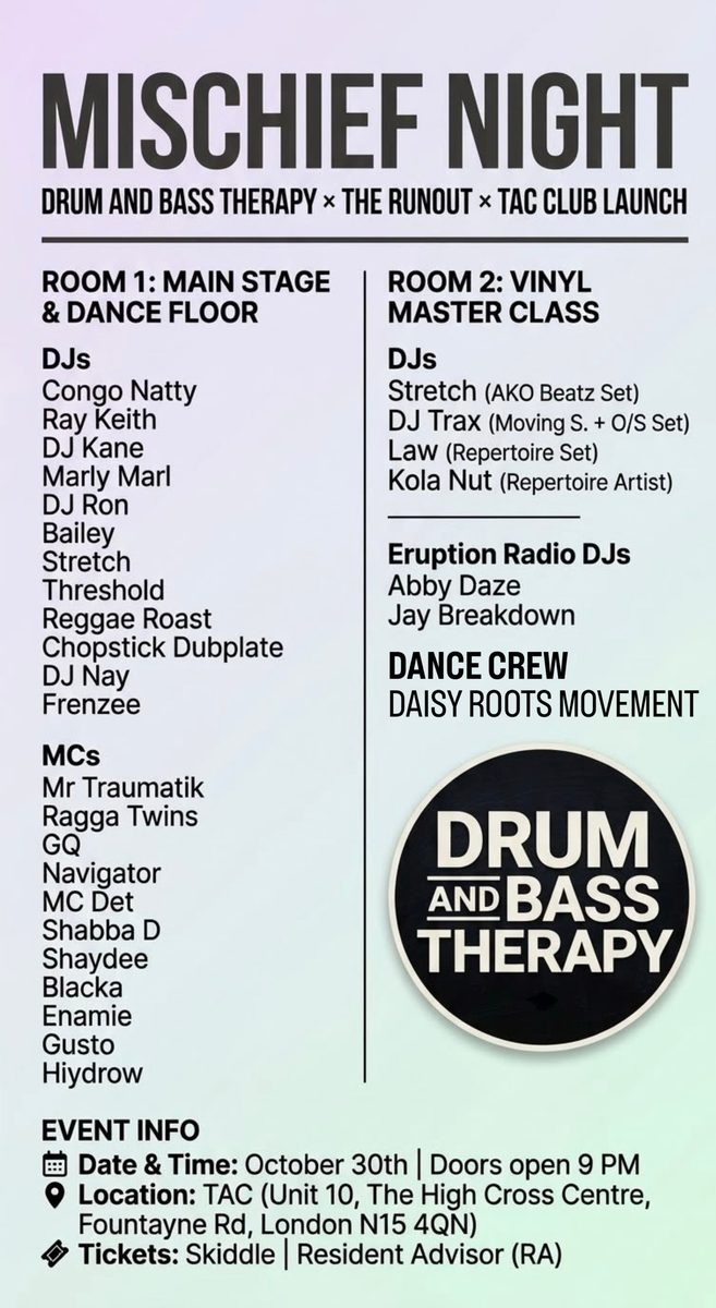 Official poster for dnbtherapy x Tottenham Arts Collective (Tottenham Arts Collective, London, UK, 30 October 2026)