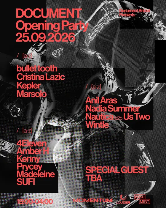 Affiche officielle de Document Opening Party: bullet tooth, Cristina Lazic, Kepler ++ (DOCUMENT, Bristol, Royaume-Uni, 25 septembre 2026)