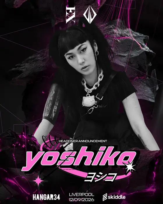 Official poster for Exhilaration x Dvoid Presents: YOSHIKO, INFLICTION & MORE (Hangar 34, Liverpool, UK, 12 September 2026)