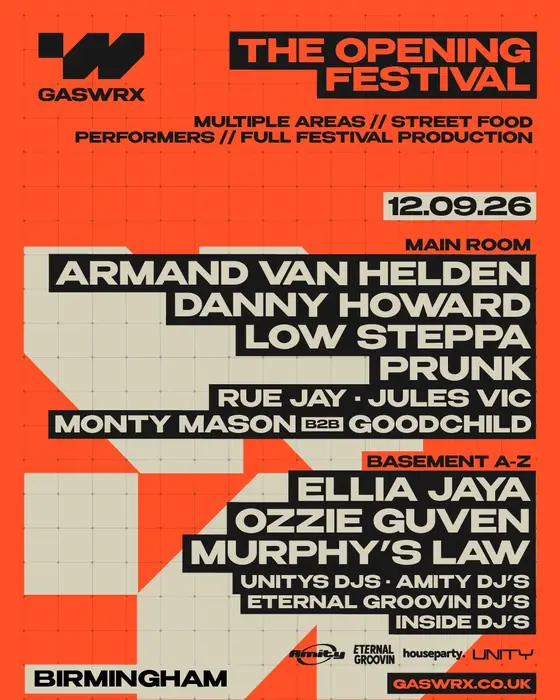 Affiche officielle de GASWRX Opening. ARMAND VAN HELDEN/LOW STEPPA/DANNY HOWARD/PRUNK (GASWRX, Birmingham, Royaume-Uni, 12 septembre 2026)