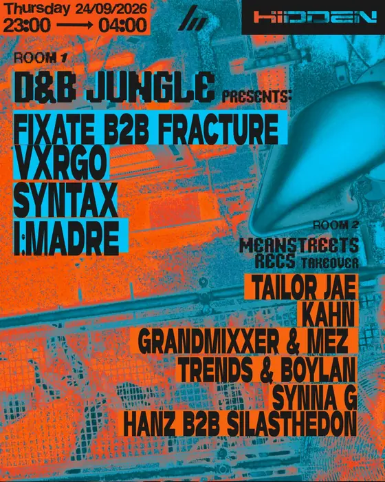 Affiche officielle de Jungle & DnB Rave: Fixate b2b Fracture, VXRGO (Hidden, Manchester, Royaume-Uni, 24 septembre 2026)