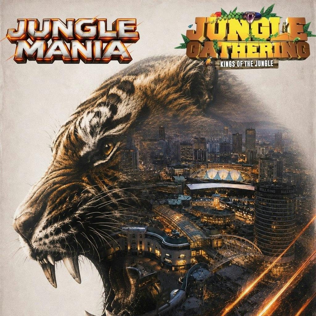 Affiche officielle de Jungle Gathering x Jungle Mania: Kings of the Jungle NYE (The Tunnel Club Birmingham, Birmingham, Royaume-Uni, 31 décembre 2026)