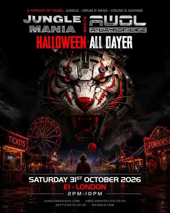Affiche officielle de Jungle Mania meets AWOL Halloween (E1, London, Royaume-Uni, 31 octobre 2026)