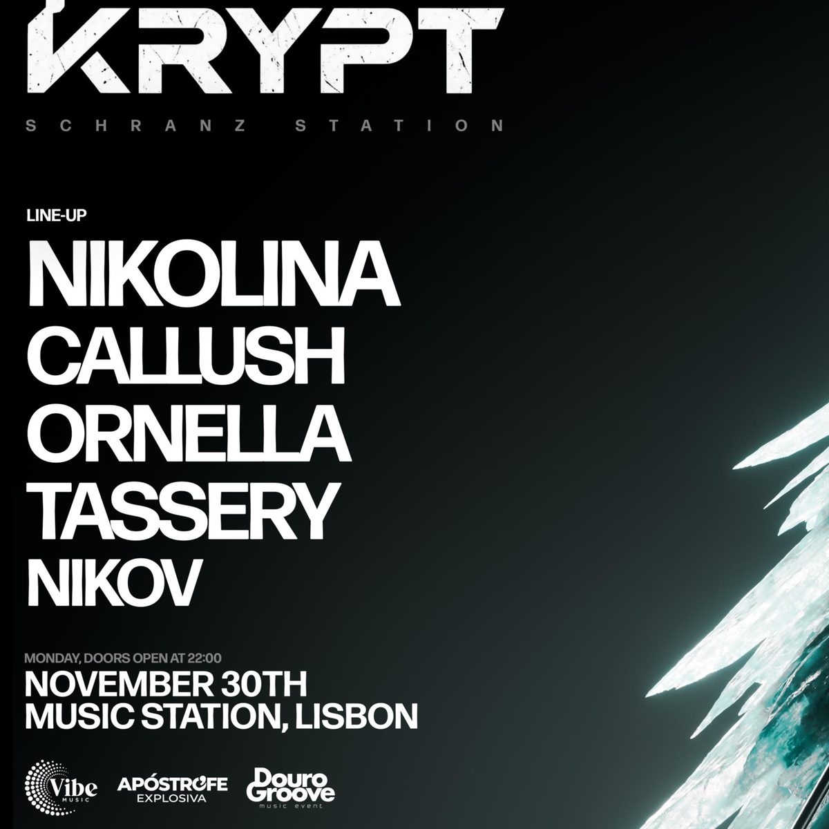 Official poster for KRYPT Girls Love Schranz · Nikolina à Music Station (Music Station, Lisbon, Portugal, 30 November 2026)