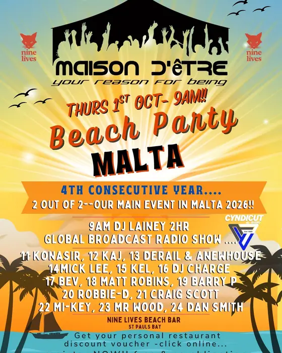 Affiche officielle de Maison D'être Malta Part 2 - 1st Oct 9am-1am (Nine Lives - Mediterranean Restaurant & Beach Club, St Paul's Bay, Malte, 1 octobre 2026)