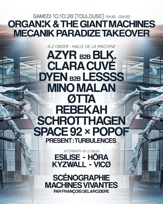 Official poster for Mecanik Paradize : Organïk + Machines Vivantes ! (Halle de la Machine, Toulouse, France, 10 October 2026)
