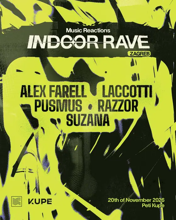Affiche officielle de Music Reactions Indoor Rave Zagreb (Peti Kupe, Zagreb, Croatie, 20 novembre 2026)