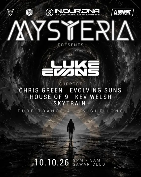 Affiche officielle de Mysteria: Pure Trance, Sawan Nightclub, Plymouth (Sawan Club, Plymouth, Royaume-Uni, 10 octobre 2026)