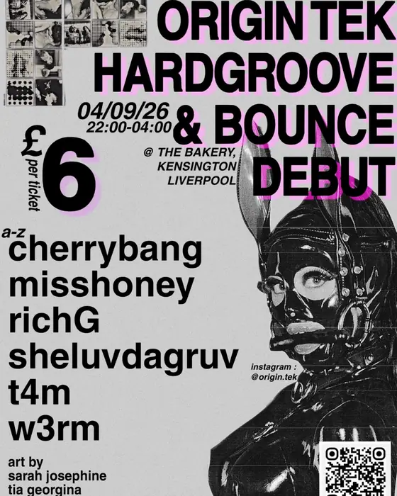 Affiche officielle de ORIGIN TEK : HARDGROOVE & BOUNCE debut rave (The Bakery, Liverpool, Royaume-Uni, 4 septembre 2026)