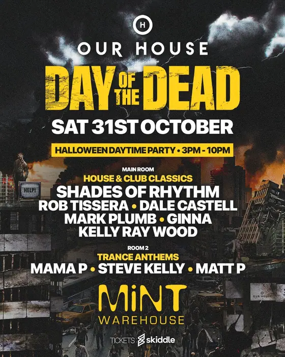 Affiche officielle de Our House Daytime Halloween Party (Mint Warehouse, Leeds, Royaume-Uni, 31 octobre 2026)