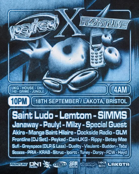 Affiche officielle de Psyked X Frontline (Saint Ludo, Lemtom, SIMMS + MANY MORE) (Lakota, Bristol, Royaume-Uni, 18 septembre 2026)