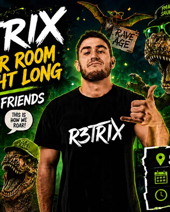Affiche officielle de R3trix All Night Long Boiler + T-Rex Friends (Studio Saglio, Strasbourg, France, 21 novembre 2026)