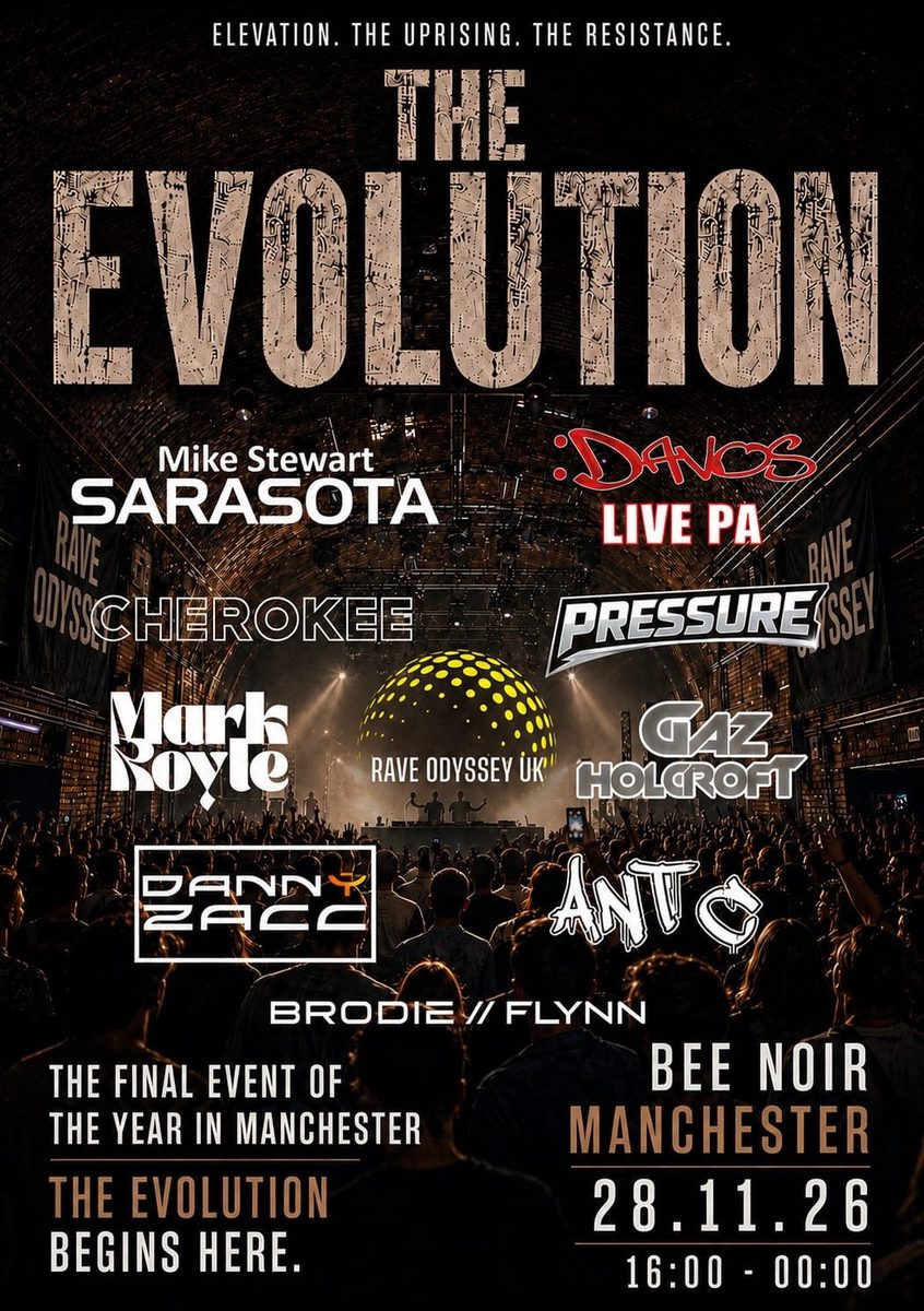 Affiche officielle de Rave Odyssey uk Evolution (Bee Noir, Manchester, Royaume-Uni, 28 novembre 2026)