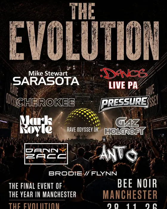 Affiche officielle de Rave Odyssey uk Evolution (Bee Noir, Manchester, Royaume-Uni, 28 novembre 2026)
