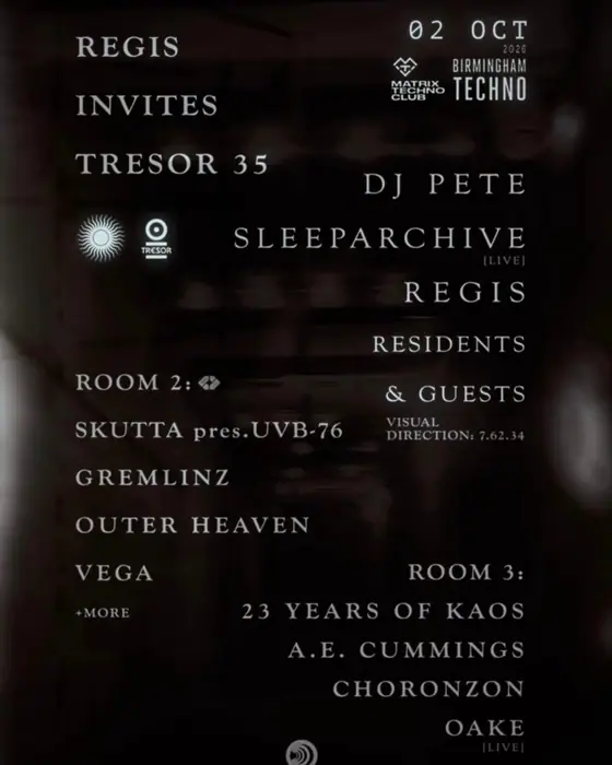 Affiche officielle de Regis invites @ Birmingham Techno: Tresor 35 w/ DJ Pete + more (The Tunnel Club Birmingham, Birmingham, Royaume-Uni, 2 octobre 2026)