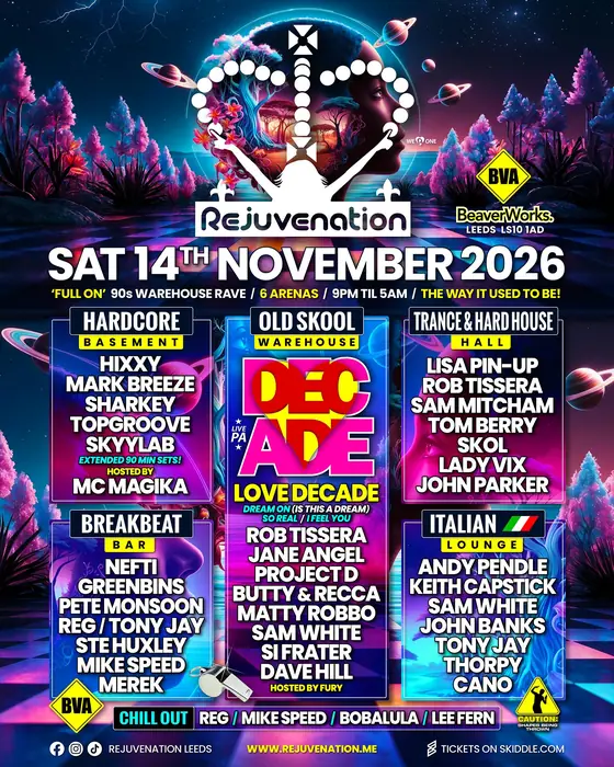 Affiche officielle de Rejuvenation - November Rave (Beaver Works, Leeds, Royaume-Uni, 14 novembre 2026)