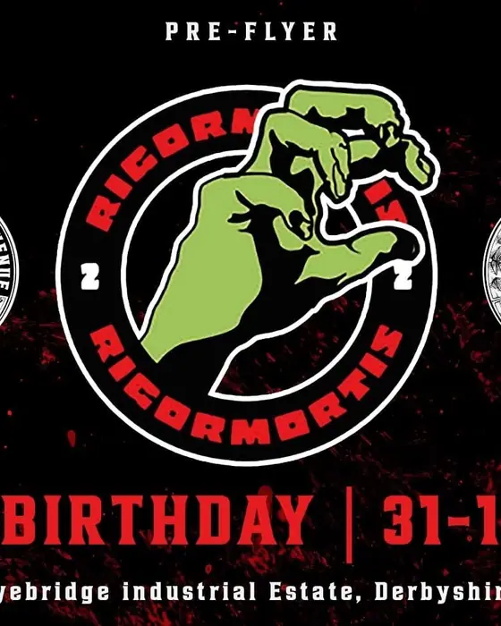 Affiche officielle de RIGORMORTIS 20th Birthday (The Unit Warehouse, Derby, Royaume-Uni, 31 octobre 2026)