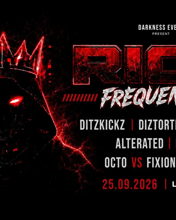 Affiche officielle de Riot Frequencies// Ditzkick/ Diztorted/ Flanders/ Alterated (Club l'Entrepôt, Bordeaux, France, 25 septembre 2026)