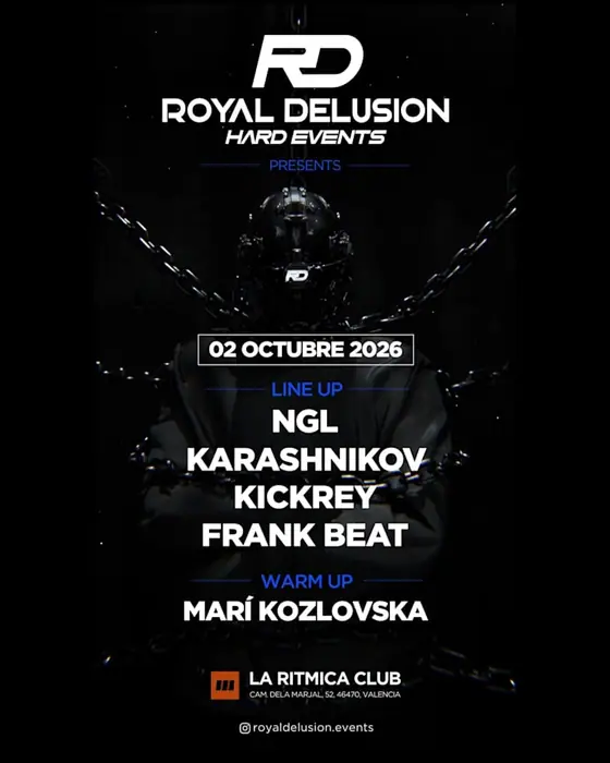 Affiche officielle de Royal Delusion Presents: Karashnikov, Ngl (La Rítmica Club, Valencia, Espagne, 2 octobre 2026)